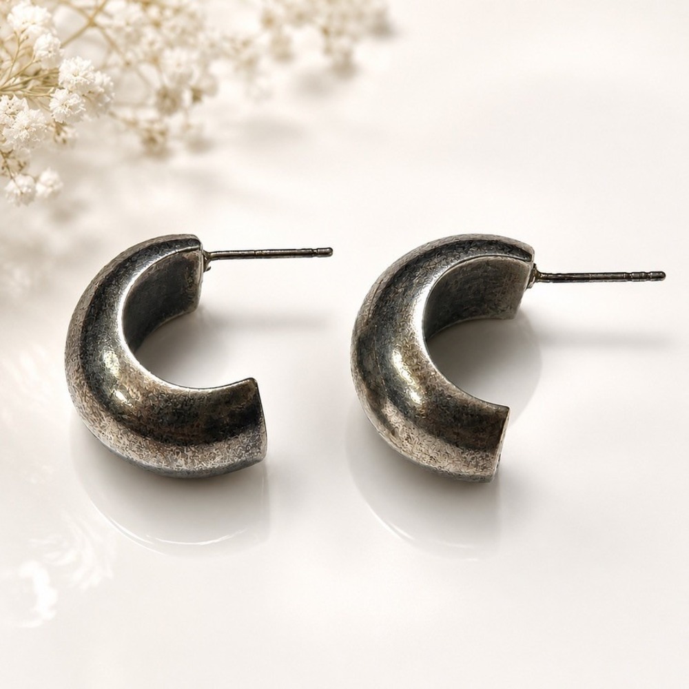 CNA Thailand 925 Sterling Silver Chunky Wide J Hoop Earrings 5.8g Vintage